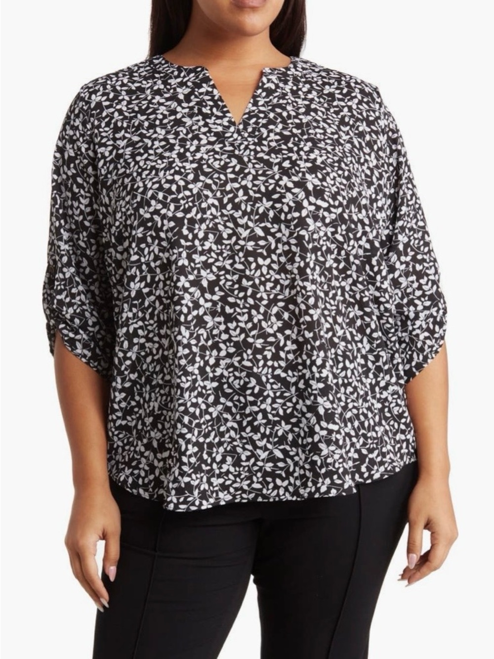 Vince Camuto Black Tunic with White Leaf Print